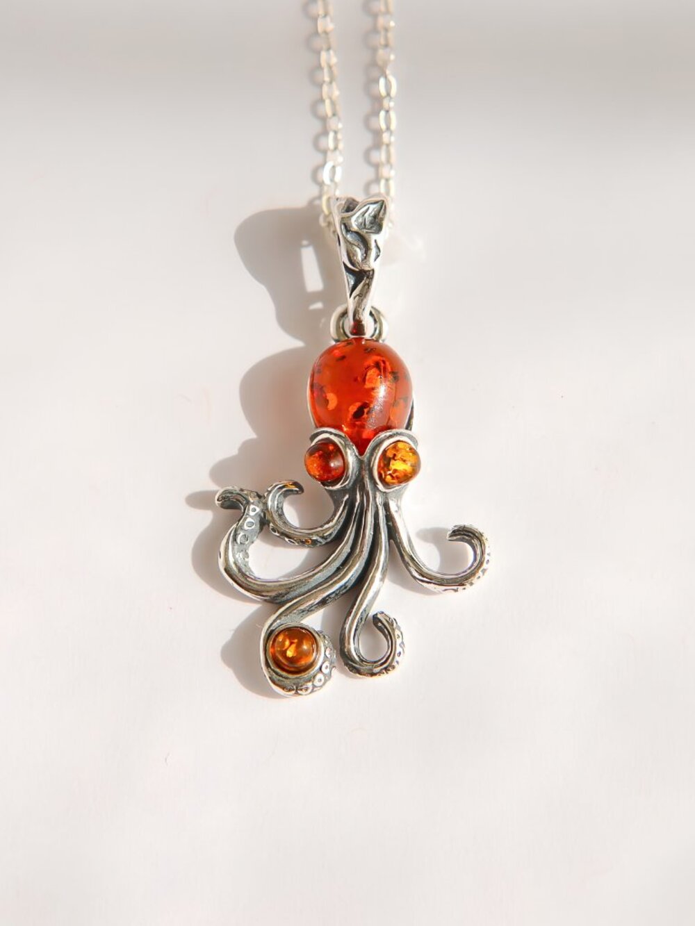 Baltic Amber Octopus Pendant Necklace in Sterling Silver
